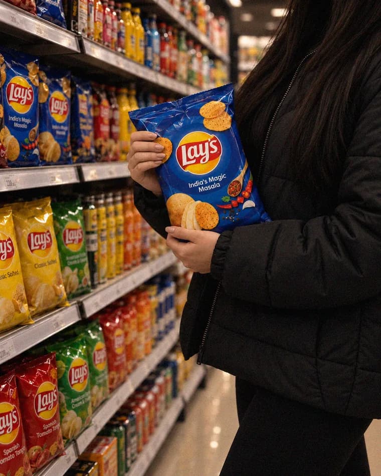 Shopper holding a pack of Lay's in a supermarket aisle