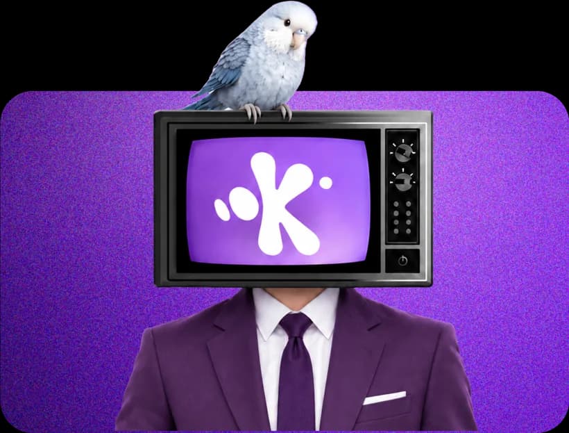 KreatorNest TV-head mascot in a purple suit with a parakeet