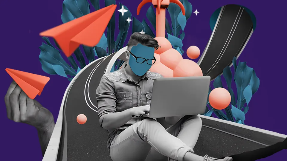 Illustration of a man on a laptop surrounded by paper planes